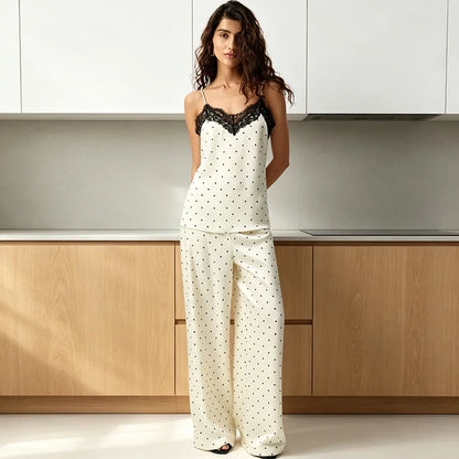 HiLoc Apricot Polka Dot Loose Woven Ladies' Pajamas Suits Black Lace Sleeveless Suspender Vest Elastic Waist Full Length Pants