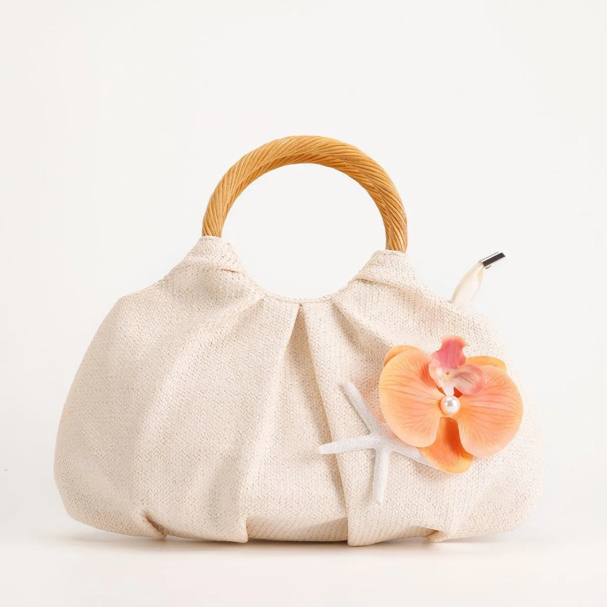 New straw handbag women's summer niche design bamboo bag high-end flower decoration