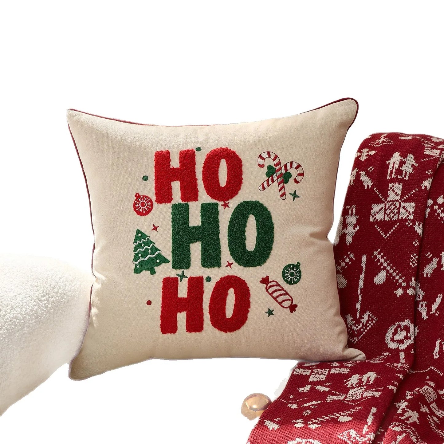 1Pcs Red Christmas Embroidery 'HOHOHO' Snowflake & Gingerbread Man Cushion Pillow Cover Festive
