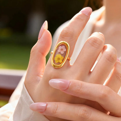 Stainless Steel Rings for Women Dried Flower Resin Jewelry Dainty Geometric Open Adjustable Vintage Floral Rings Waterproof