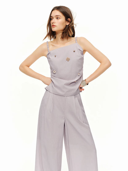 Women Coastal Wander Leisure Fashion Outfit,New French Holiday Camisole & High Waist Wide Leg Pants Set
