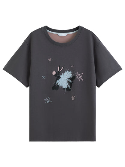 Women Sweet Cartoon Hand-Painted Print Casual T-Shirt and Skirt