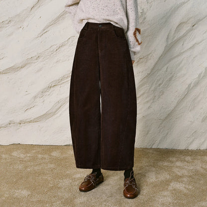 Women Casual Pants New Pure Cotton Corduroy Elastic Waist Forward Seam Cropped Curved Pants
