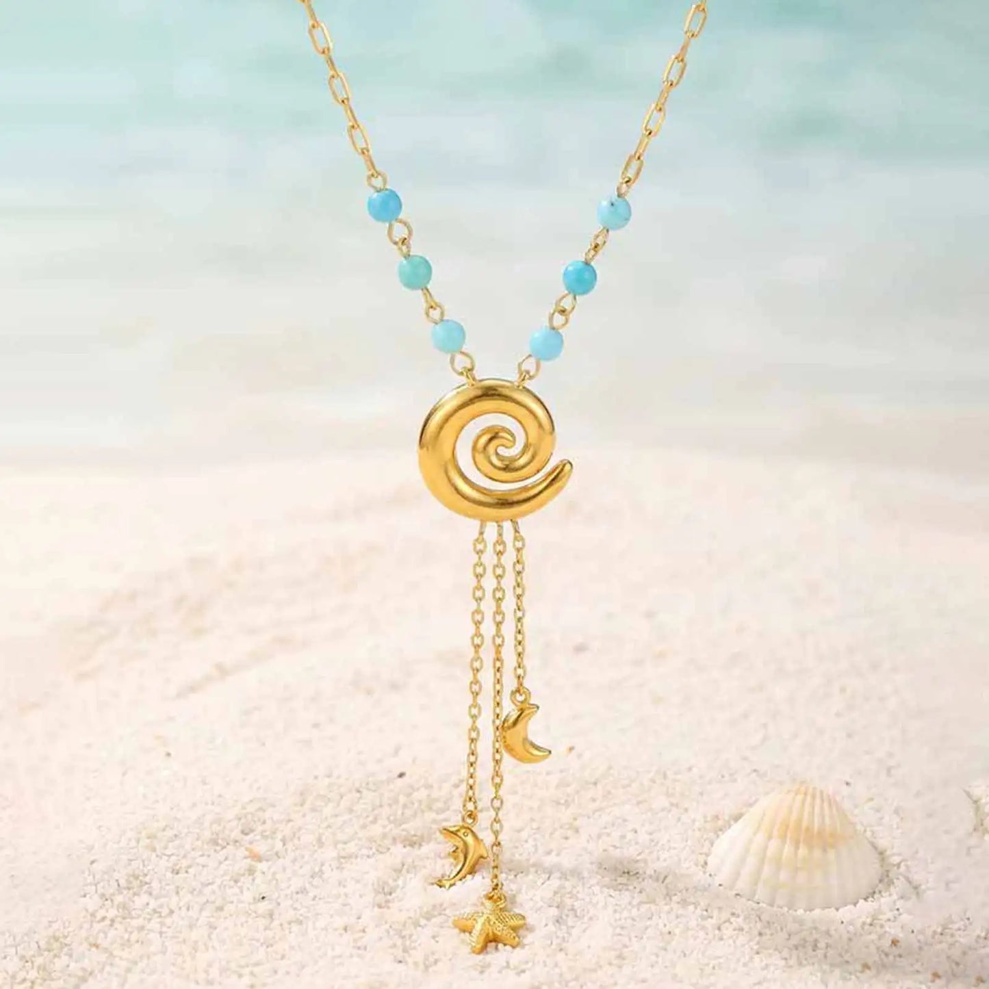 Ocean Style Y Necklace,18K Gold Plated Stainless Steel,Turquoise Paperclip Chain Dolphin Starfish Tassel Jewelry Waterproof