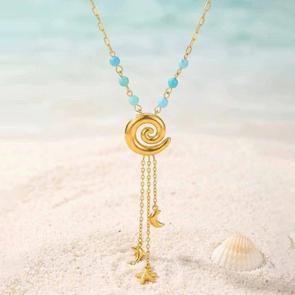 Ocean Style Y Necklace,18K Gold Plated Stainless Steel,Turquoise Paperclip Chain Dolphin Starfish Tassel Jewelry Waterproof
