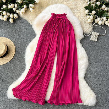 Basics Casual Pants Women Summer Oversize Draped Wide Legs Pants High Waist Solid Long Pleated Trousers