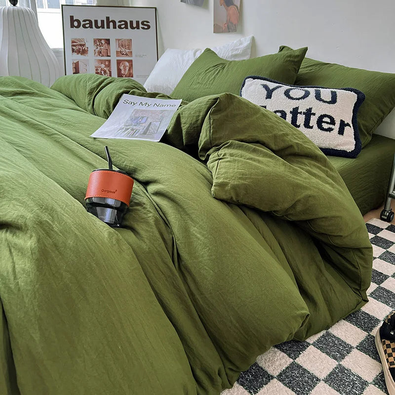 Solid color Duvet Cover set with Pillow Case Bed Sheet Olive Green