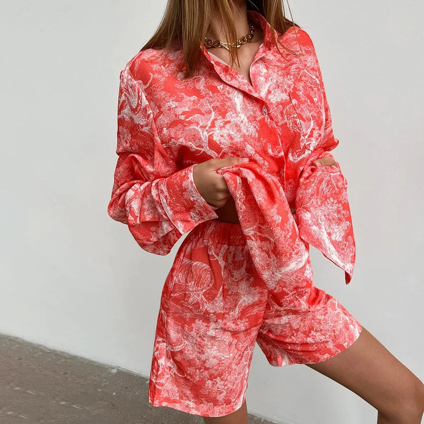 Soft Breathable Fabric Women's 2 Piece Pajama Set Red Tie Dye Print Long Sleeve Shirt & Shorts Loose Fit Sleepwear