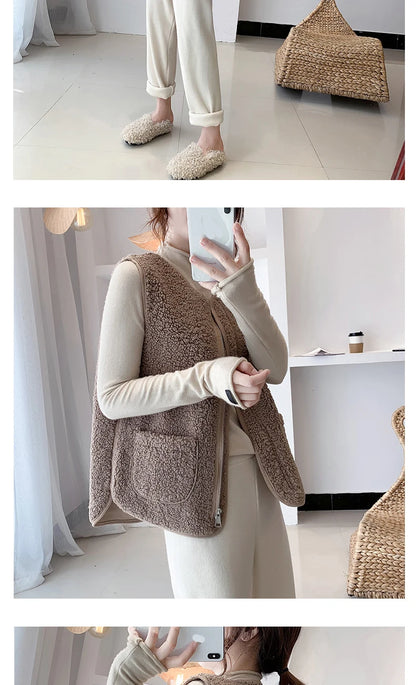 Women Faux Lamb Fur Vest Coat With Pockets Warm  Casual Cardigan Jacket