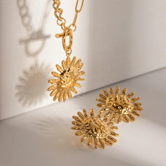 Gold Plated Stainless Sunflower Earrings & Pendant Necklace