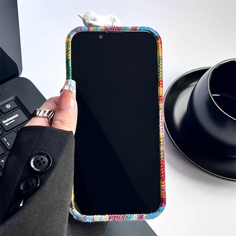 Fashion Warm Plush Plaid Grid Pattern 3D Cat Case For iPhone 16 15 14 13 12 Pro Max Creative Bumper Back Cover