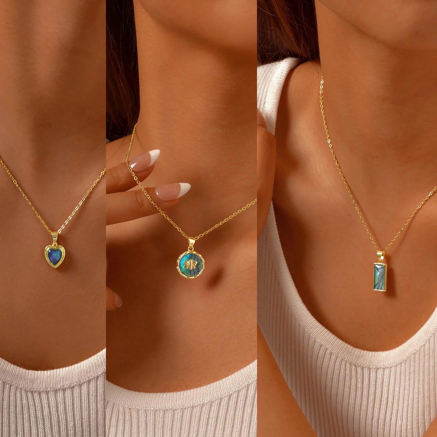 Summer Waterproof Necklace for Women,Nature Abalone Shell Heart Square Round Shape Pendant Statement Jewelry