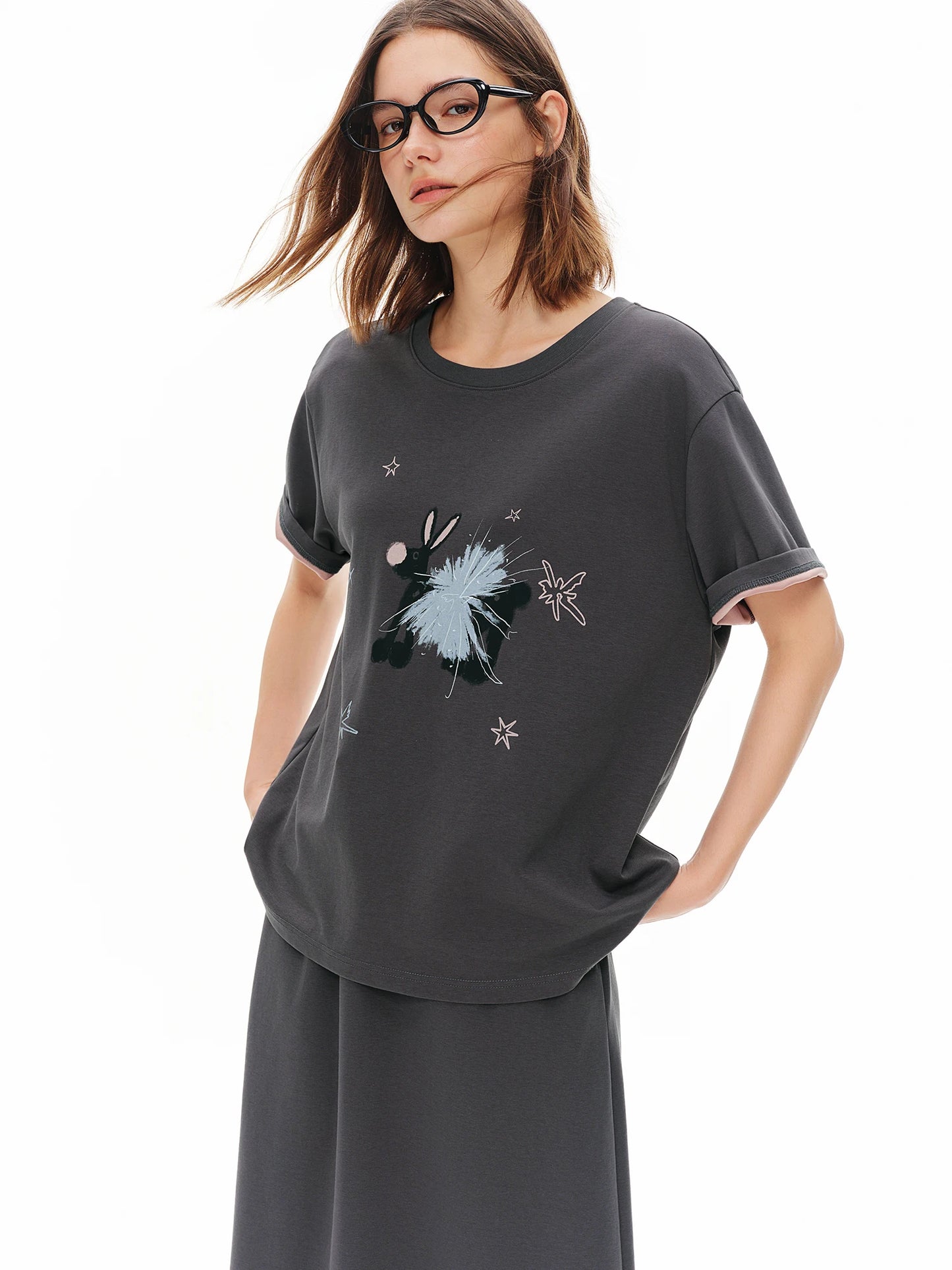 Women Sweet Cartoon Hand-Painted Print Casual T-Shirt and Skirt