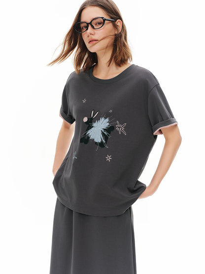 Women Sweet Cartoon Hand-Painted Print Casual T-Shirt and Skirt