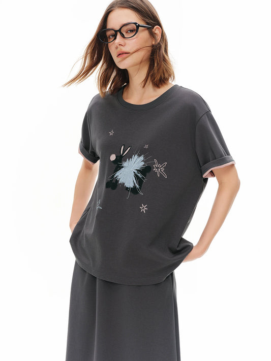 Women Sweet Cartoon Hand-Painted Print Casual T-Shirt and Skirt