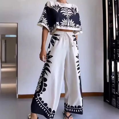 Elegant Printed Sets Outfit For Women Short Tops Wide Leg Pants