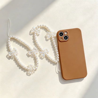 Women Sweet White Beaded Wrist Strap for Mobile Phone Fashion Bowknot Pearl Lanyard Short Hand Chain for Cellphone Key Bag Charm
