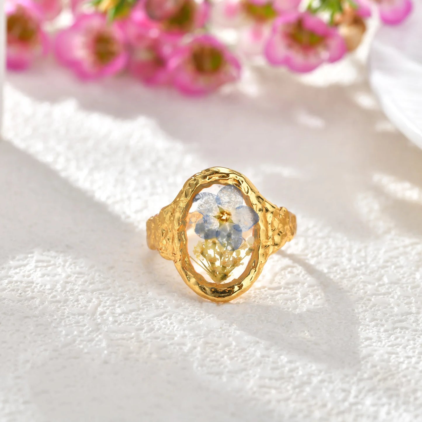 Stainless Steel Rings for Women Dried Flower Resin Jewelry Dainty Geometric Open Adjustable Vintage Floral Rings Waterproof
