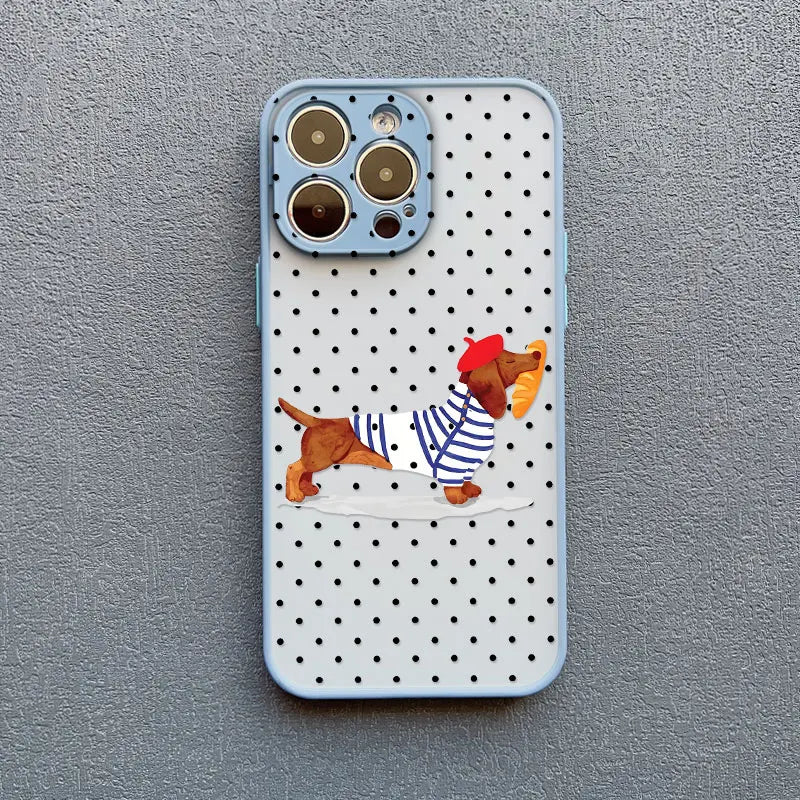 Black Polka Dot Sausage Dog Cute Cartoon Phone Case For iPhone 17 16 Pro Max 15 14 Pro Max Plus 13 Mini 12 11 Pro Max Back Cover