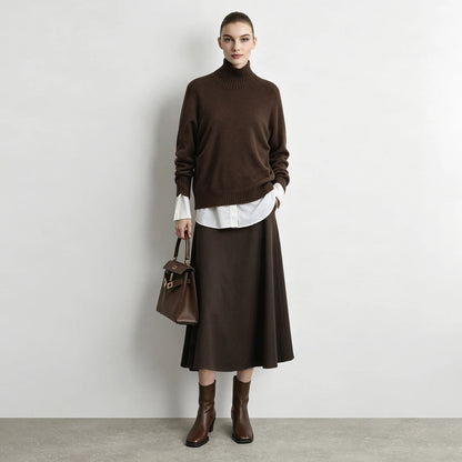 Women's A-Line Midi Skirt with Belt High Waist Loose Fit Slimming Minimalist