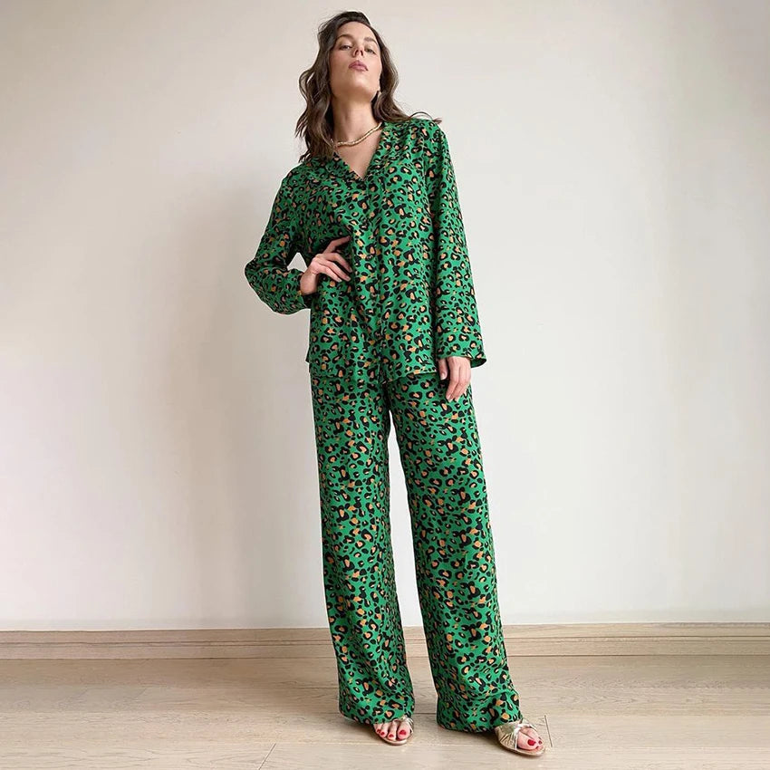 Pajama Set Casual Leopard Print Pants Suits Pajamas For Women Long Sleeve Sleepwear Summer Wide Leg Pants Two Piece Sets