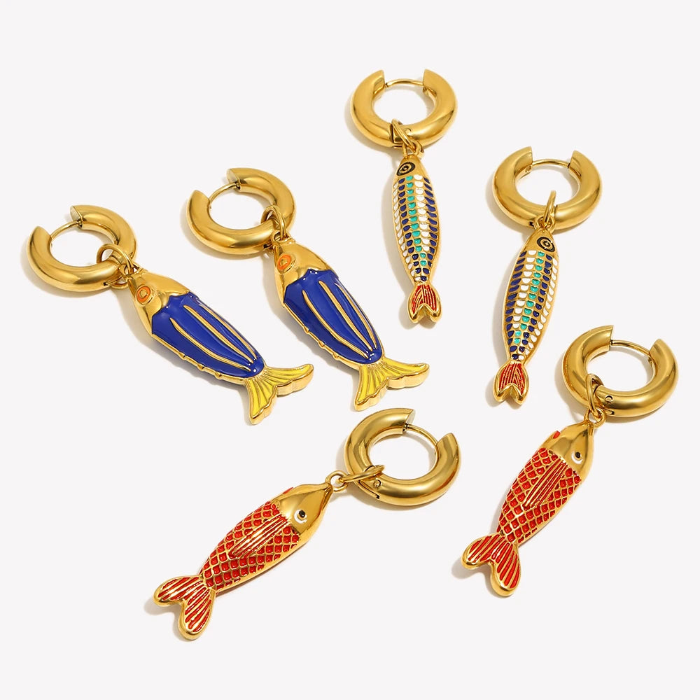 Colored Blue Green Oil Dripping Fish Earrings Enamel Hoop Earring Women's Hypoallergenic Tarnish Free Jewelry