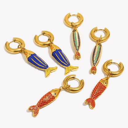 Colored Blue Green Oil Dripping Fish Earrings Enamel Hoop Earring Women's Hypoallergenic Tarnish Free Jewelry