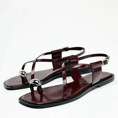 Fashion Brand Flat Sandals Women Cross Strap Buckle Metal Decoration Comfort Casual