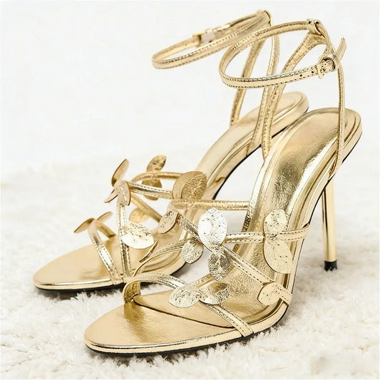 Brand Designer High Heels Women Gold Ankle Strap Fashion Sandals Female Open Toe Narrow