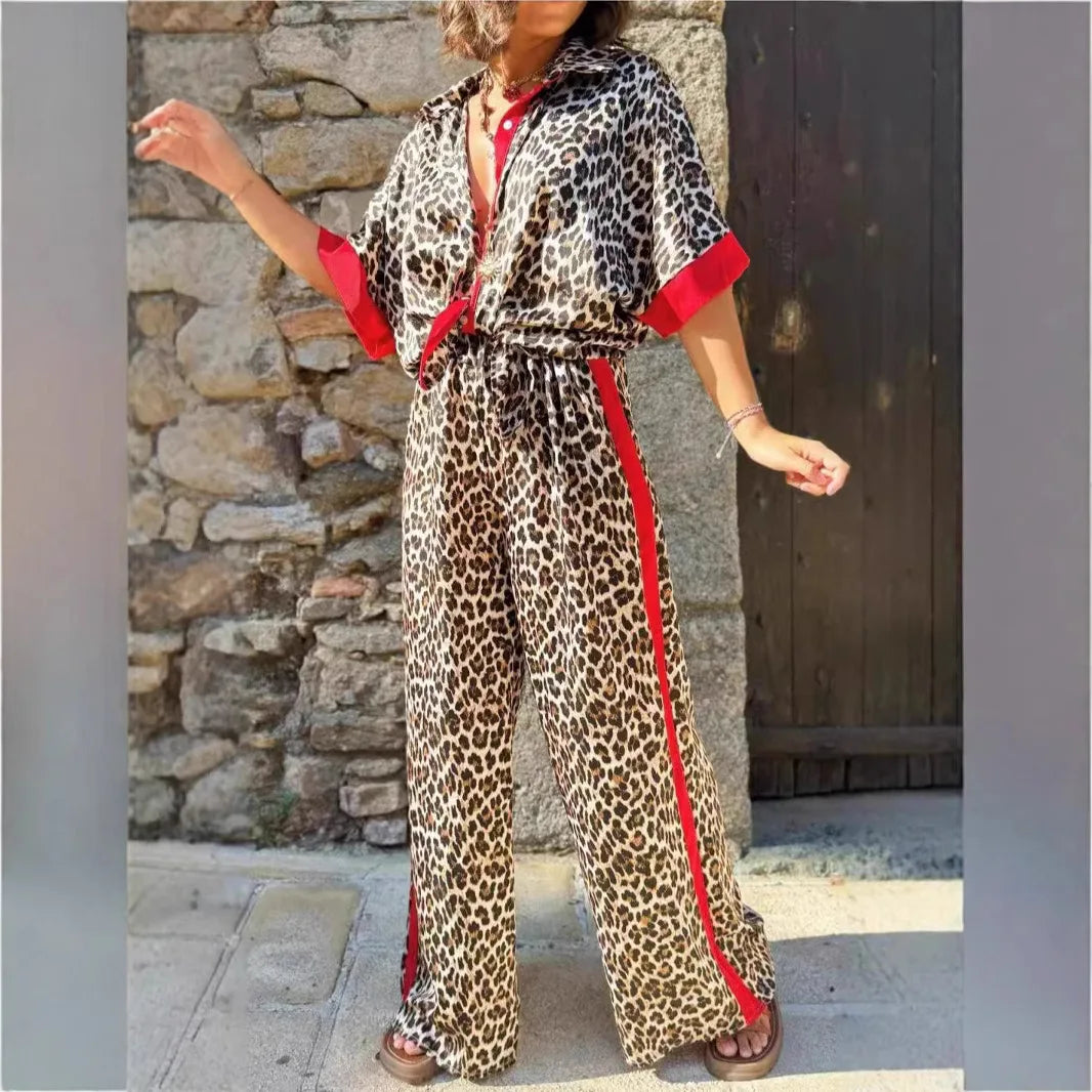 Casual Leopard Print Suit For Women Shirt Elastic Waist Trousers 2 Piece Set