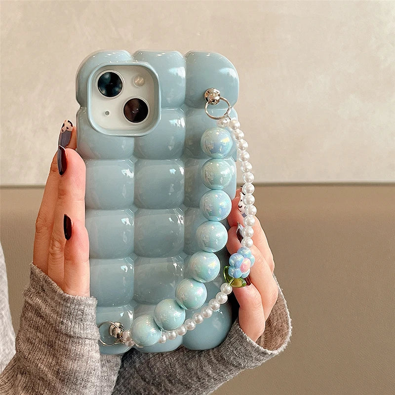 Luxury Pearl Bracelet  3D Ice Lattice Case For iPhone 13 Pro Max 16 15 14 11 12 Phone Back Cover