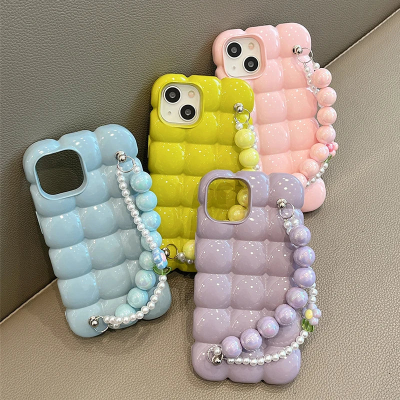 Luxury Pearl Bracelet  3D Ice Lattice Case For iPhone 13 Pro Max 16 15 14 11 12 Phone Back Cover