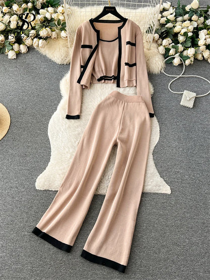 Autumn Knitted Three Pieces Sets Top+Long Sleeves Short Cardigan+Elastic Long Pants Fashion Sweater Set