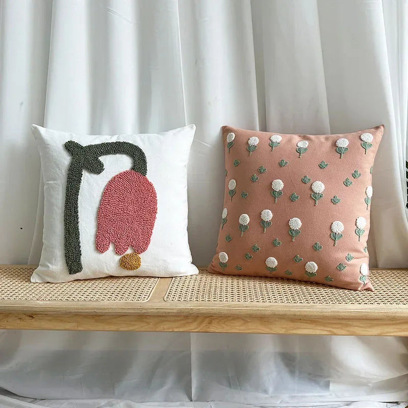 Style Flower Loop Tufted Cushion Cover Pink Plant Embroidered Decorative Pillows