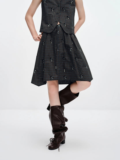 Women's New Vintage Beaded Black Plaid Tweed Vest & Skirt Set | Elegant Lady Two-Piece Outfit