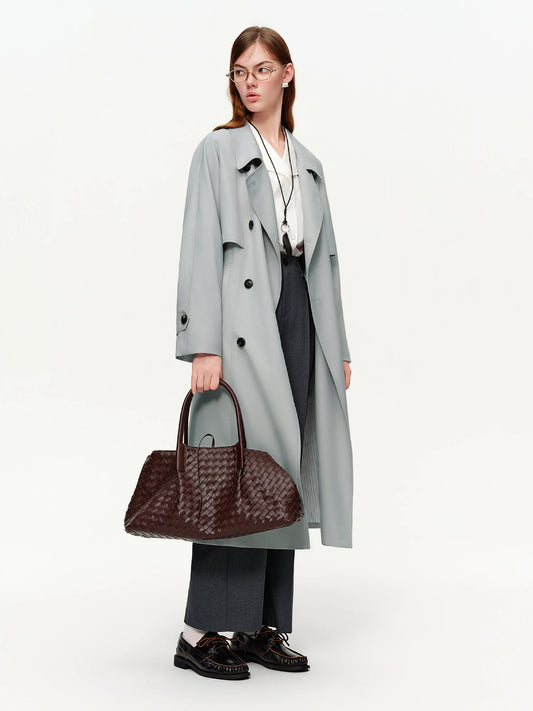Classic Khaki Double Breasted Long Trench Coat - Spring Oversized Lapel Coat with Belted Waist for Casual and Office Wear