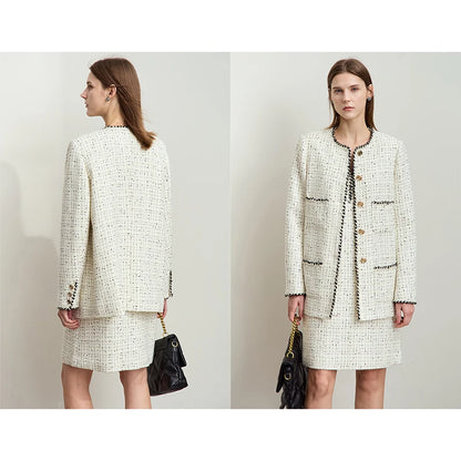 Women's Woolen Coat Elegant O-Neck Plaid Medium Long
