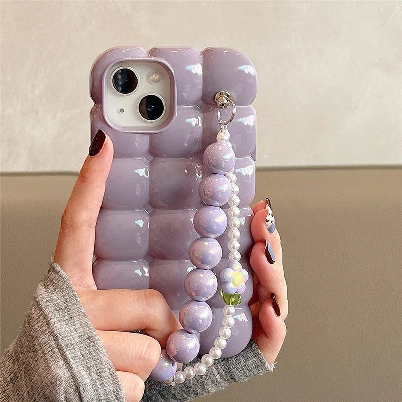 Luxury Pearl Bracelet  3D Ice Lattice Case For iPhone 13 Pro Max 16 15 14 11 12 Phone Back Cover