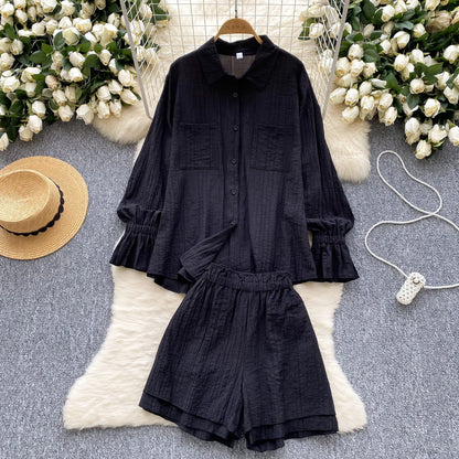 Elegant Polo-neck Vintage Long Flare Sleeves Chic Single Breasted Shirts High Waist Wide Leg Short Pants Sets
