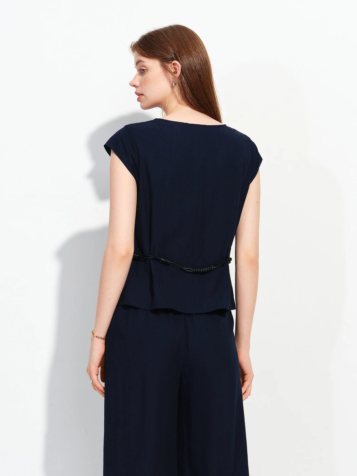 Women's Round Neck Waist-Defining Top & Wide Leg Pants Two-Piece Set - Refined Style for Daily and Office Wear