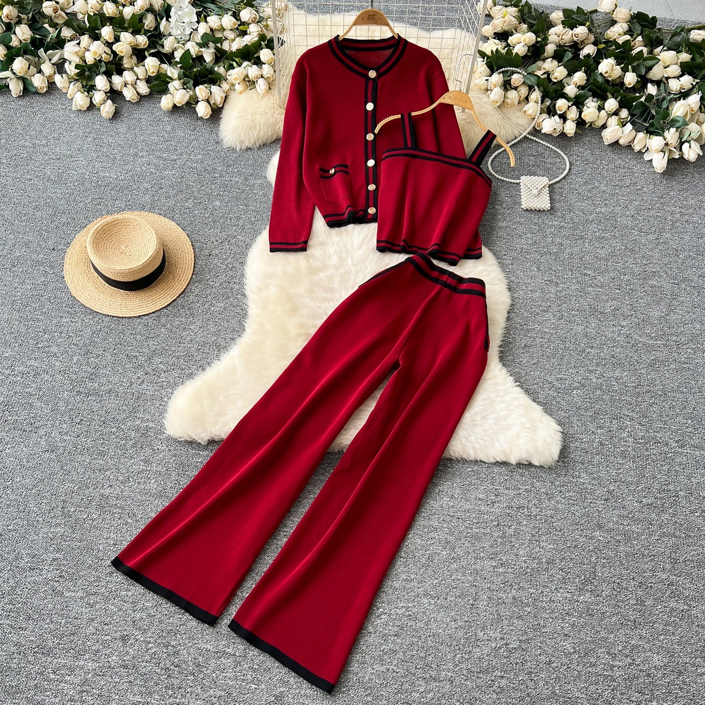 Women Three-Piece Sets Slim Single Breasted Coat Straps Camis Top High Waist Wide Leg Pants High Street Autumn Winter Clothing