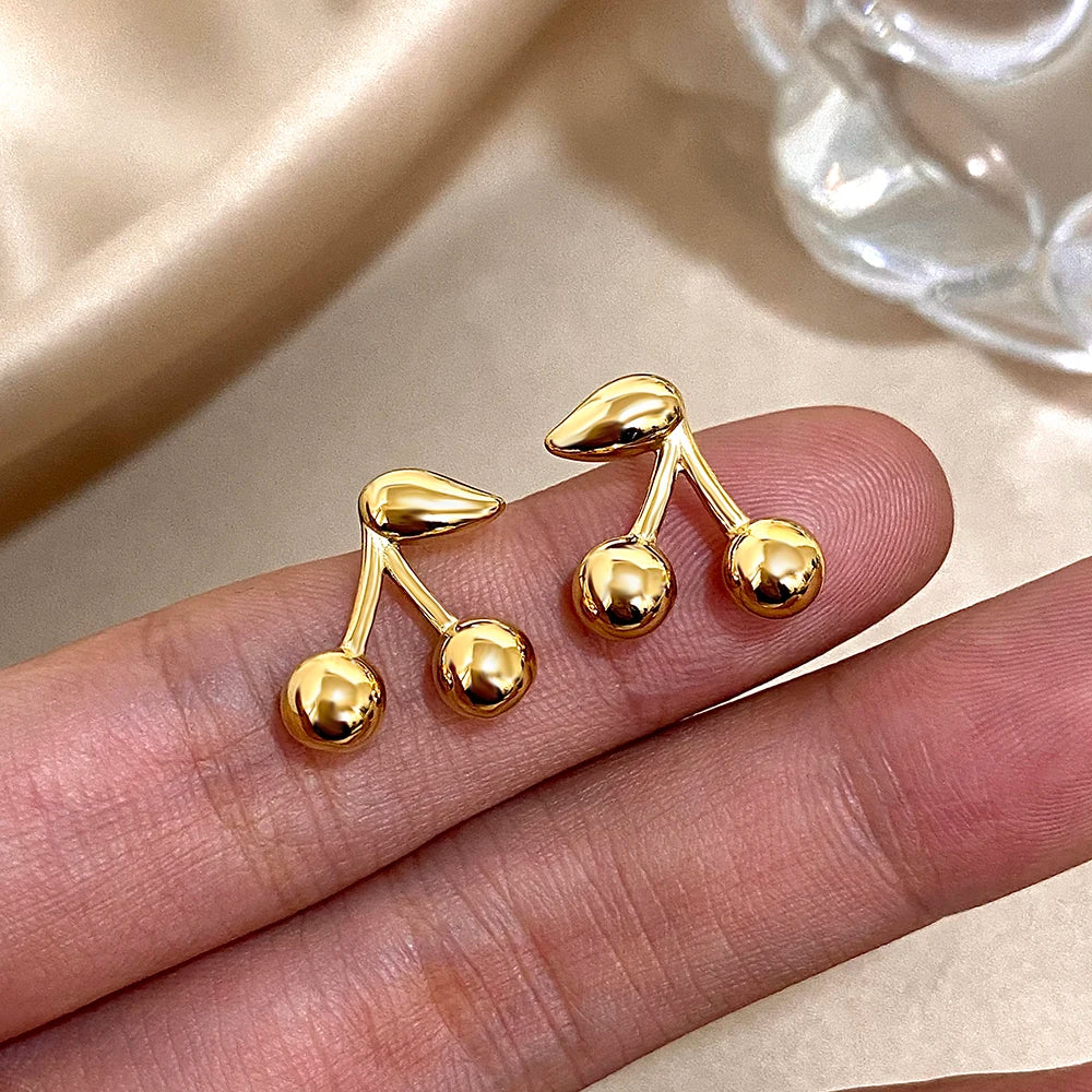 Gold Plated Cherry Small Earrings for Women Cute Jewelry