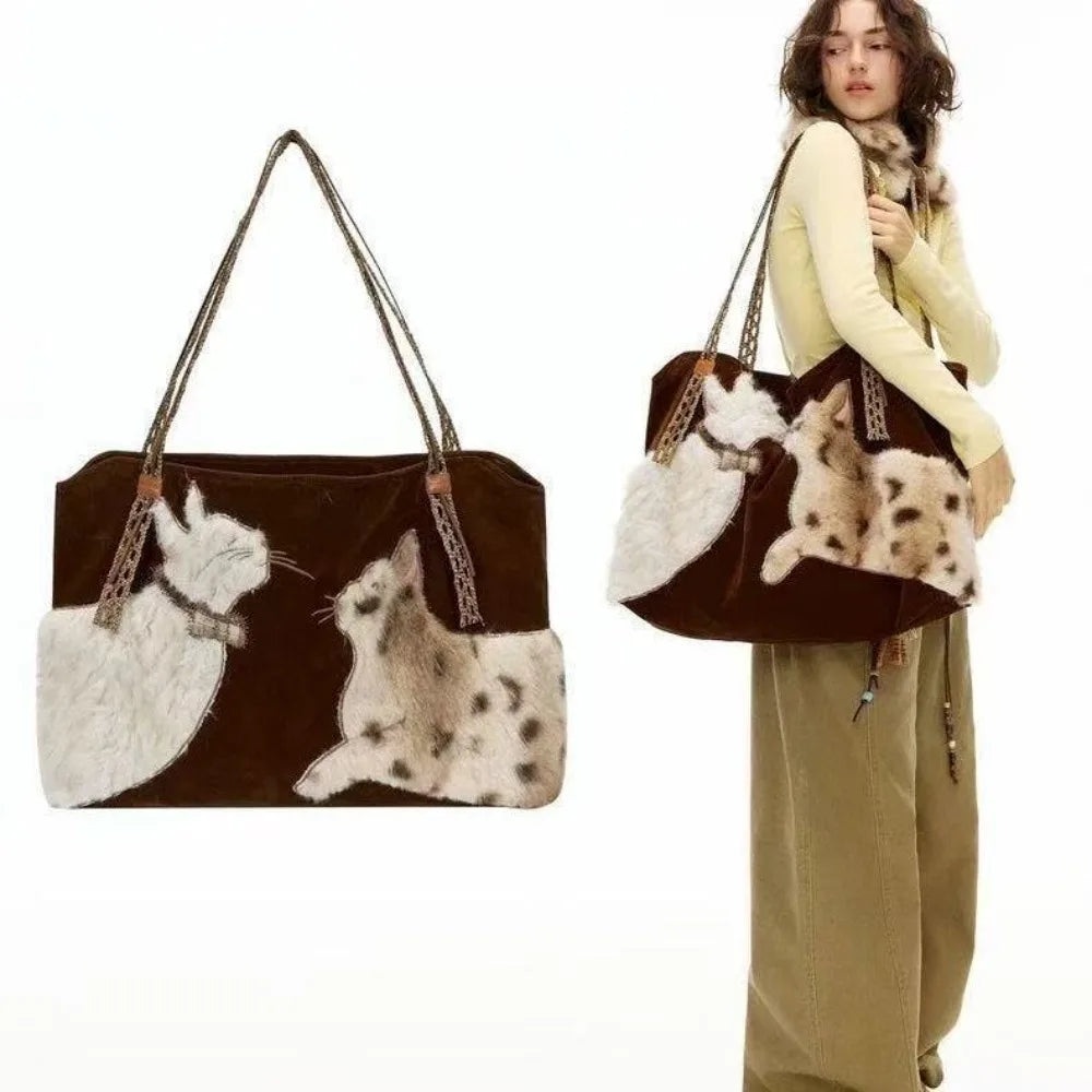 Cute Retro Cat Tote Bag Women Leather Texture Plush Large Capacity Shoulder Bag