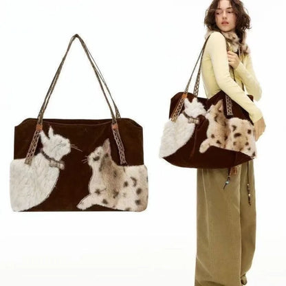 Cute Retro Cat Tote Bag Women Leather Texture Plush Large Capacity Shoulder Bag