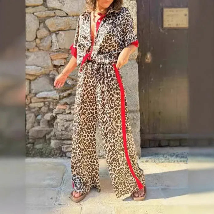 Casual Leopard Print Suit For Women Shirt Elastic Waist Trousers 2 Piece Set