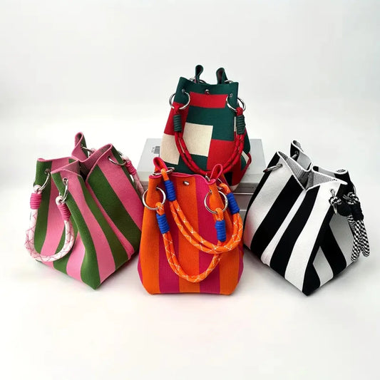 Multi-color knitted retro bucket handbag simple and color-blocked,versatile and easy to carry with you