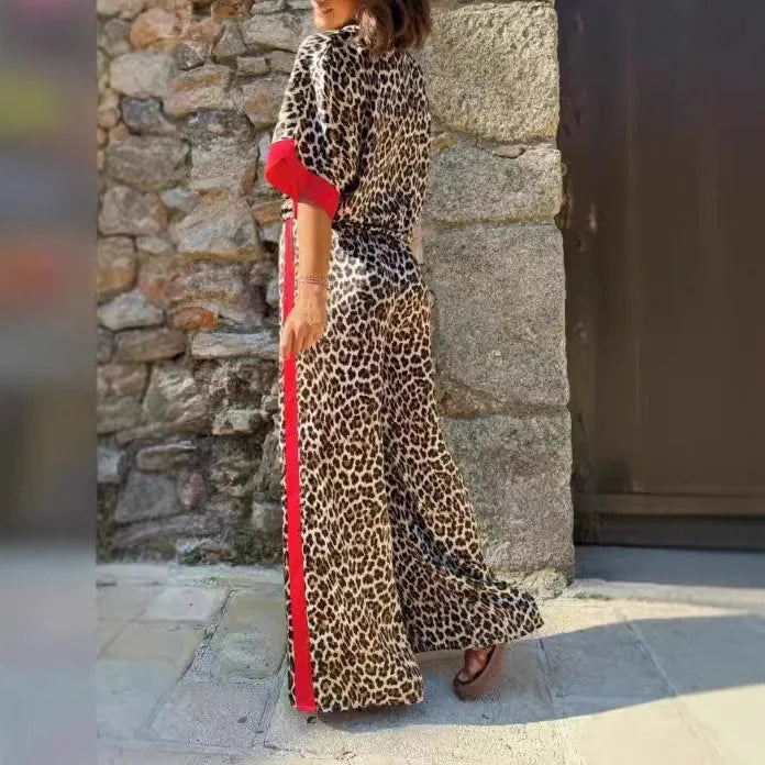 Casual Leopard Print Suit For Women Shirt Elastic Waist Trousers 2 Piece Set