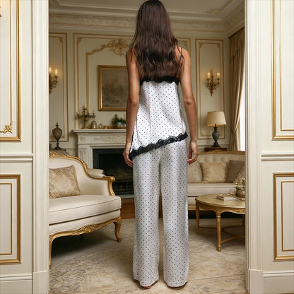 Women 2 Piece Satin Polka Dot Pajama Set Black Lace Trim Cami Top Wide Leg Pants Sexy Elegant Loungewear Sleepwear Summer