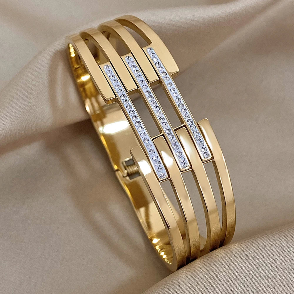 Bracelets for Women Luxury Zircon Intersect Gold Plated Metal Wide Jewelry