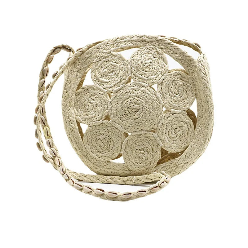 Bohemian Paper Rope Straw Bag Hollow Round Shoulder Bag Shell Strap Beach Bags for Women